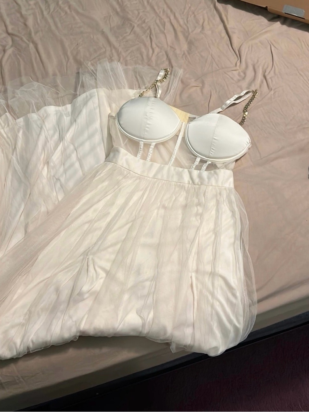 The vintage shop Ivory Lace Bustier Tulle Dress with Chain Straps